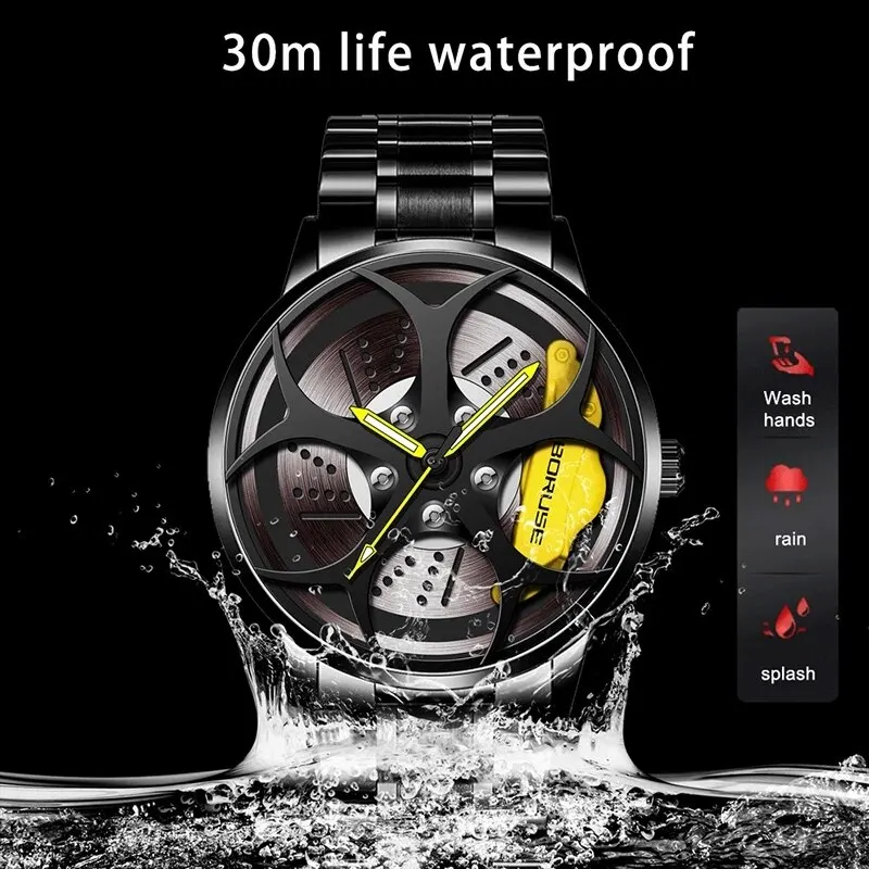 2023 Luxury Mens Fashion Car Wheel Watches Men Sports Waterproof Quartz Wristwatch Stainless Steel Wheel Hub Watch Montre Homme