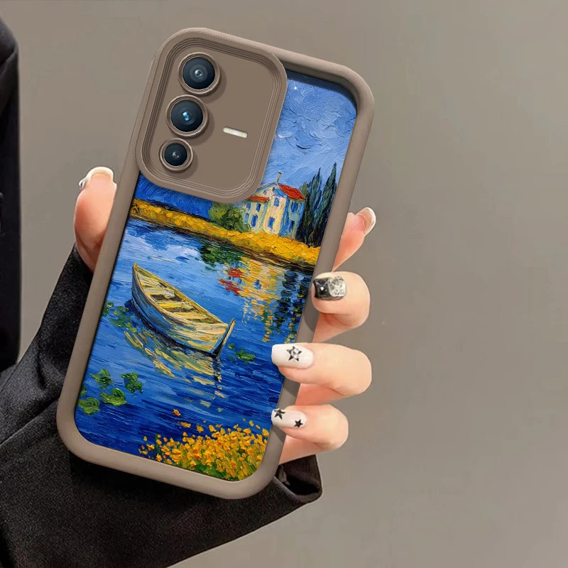 Funda de Lujo con Protección de Lente para Vivo X200 FE X100S Pro X100 X90S X80 X70 Pro, de Silicona Antigolpes con Estampado de Barco Fluvial