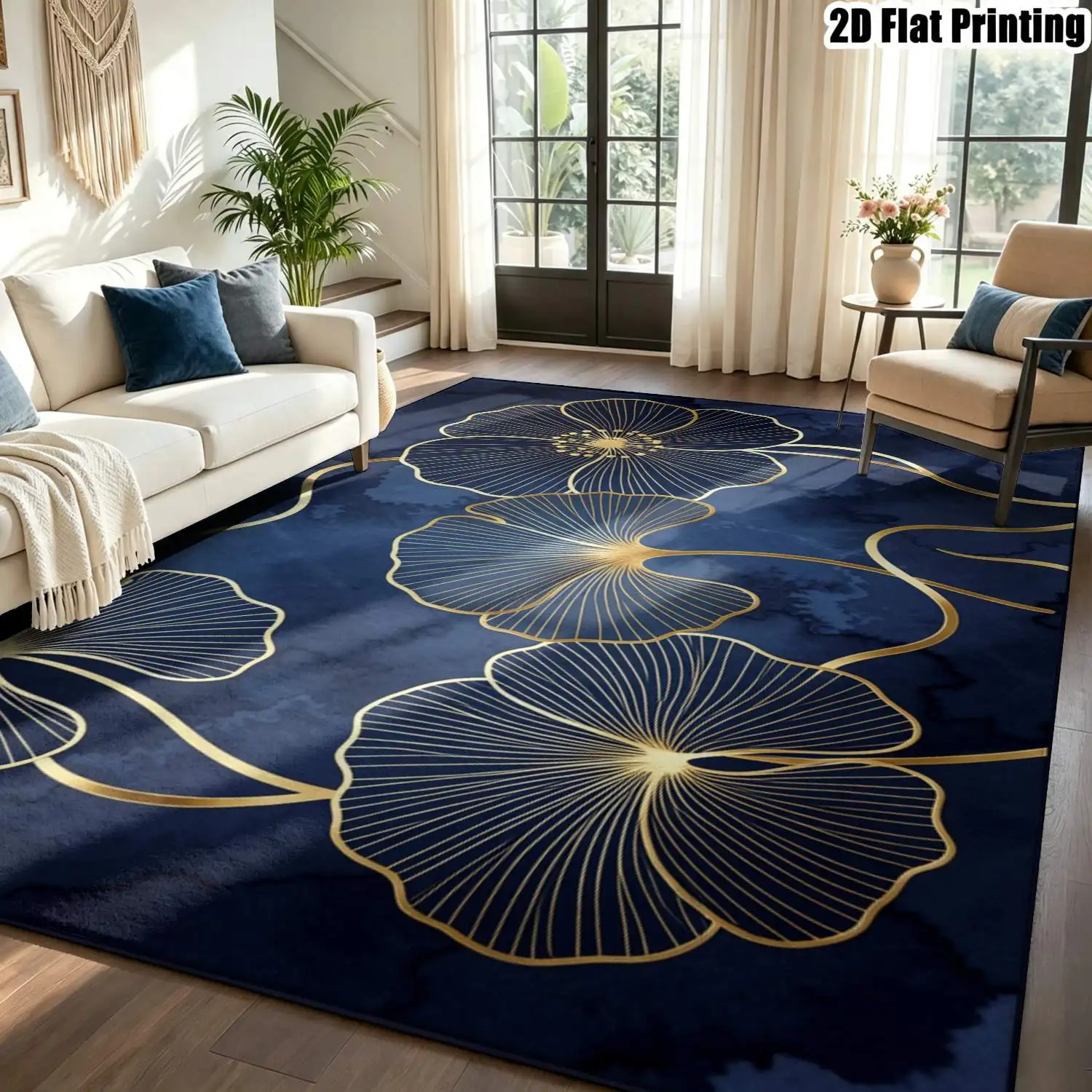 1Pc 2D Printed Navy Blue Base Gold-Edged Floral Carpet, Modern Simple Home Decor Rug, Multi-Size Machine Washable, for Entryway, Dining Room, Foyer, Study, Living Room, Bedroom