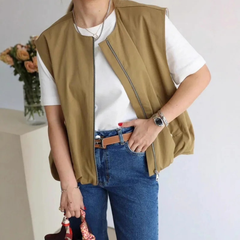 

Женская мода, европейская и американская весенняя новая мода, женский жилет без рукавов с карманом на молнии и круглым вырезом