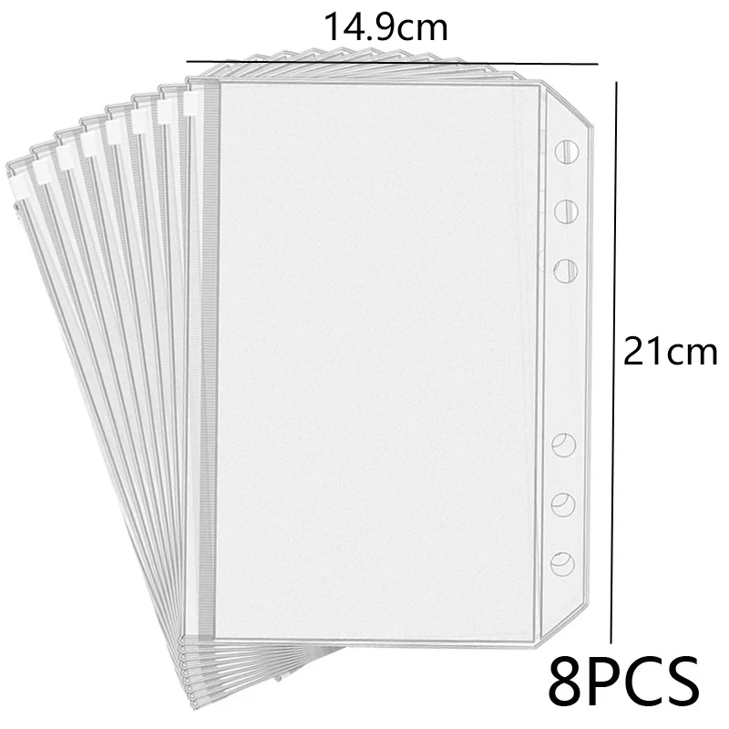8PCS PVC Binder Pocket Cash Envelopes A5/A6/A7 Zipper Folders Pouches Money Organizer Budget Document Filing Loose Leaf Inserts