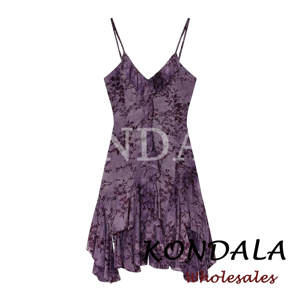 KONDALA Sexy Seiden-Gaze Damen Sommer-Minikleid Mode 2026 V-Ausschnitt Lila Stufenkleid für Nachtpartys Weibliches Mini-Drapierkleid