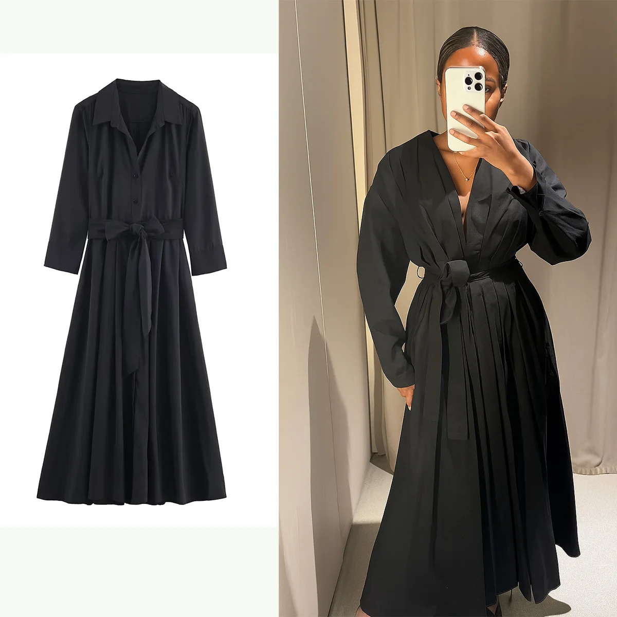 Autunno tinta unita alla moda aderente in vita elegante gonna con colletto cintura casual sottoveste midi abito nero a maniche lunghe da donna