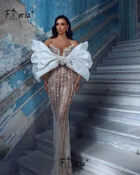 Big Bow Couture Beadings Crystal Mermaid Formal Event Dress Luxury Heavy Handmade Stone Pearl Celebrity Party Gown Illusion Robe