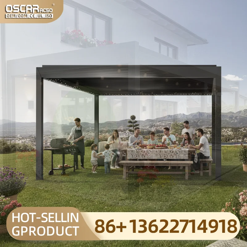 Outdoor Motorized Louvered Retractable Aluminum Canopy for Pergola Gazebo Easily Assembled in Backyard Patio Garden pergola