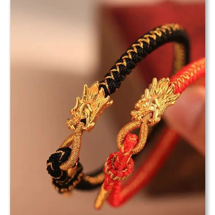 Китайский браслет Loong 999 пробы с позолоченным знаком зодиака, женская веревка с головой дракона, ручная работа, красная веревка ручной работы, регулируемый подарок