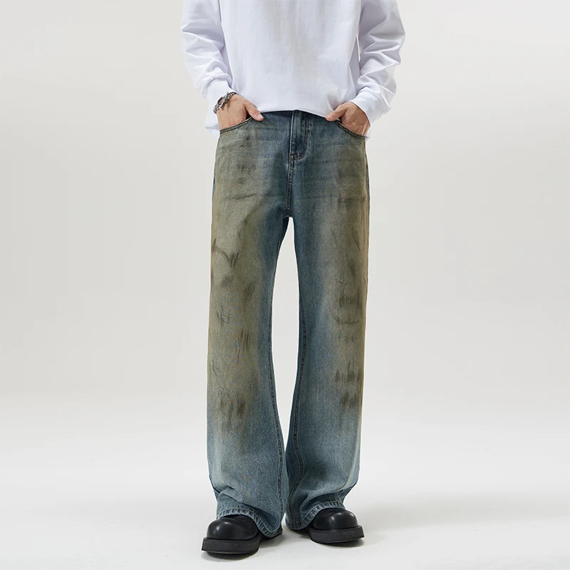 Home dirty mud dyed loose slightly flared jeans for men straight leg American fashion brand