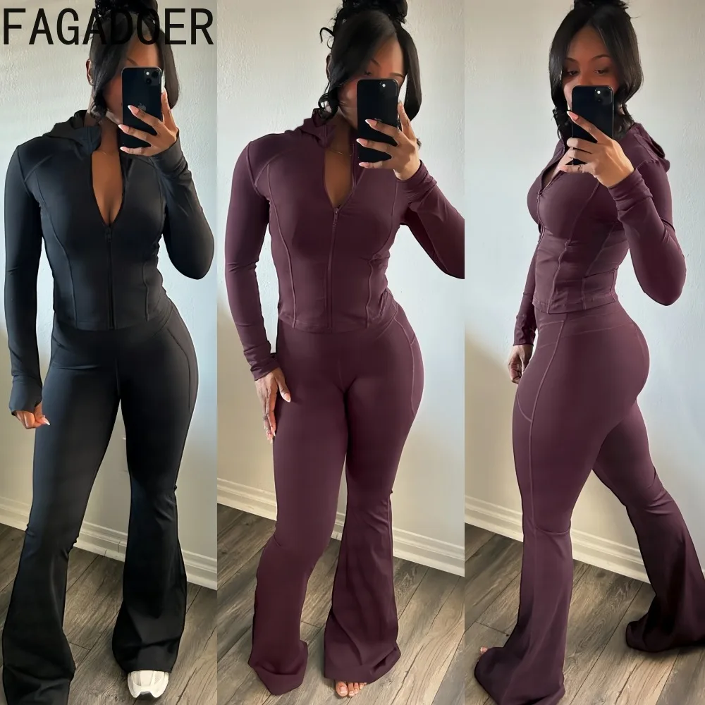 

FAGADOER модный спортивный женский комплект из 2 предметов, однотонные куртки с капюшоном и брюки с длинными рукавами, женская уличная одежда, новинка