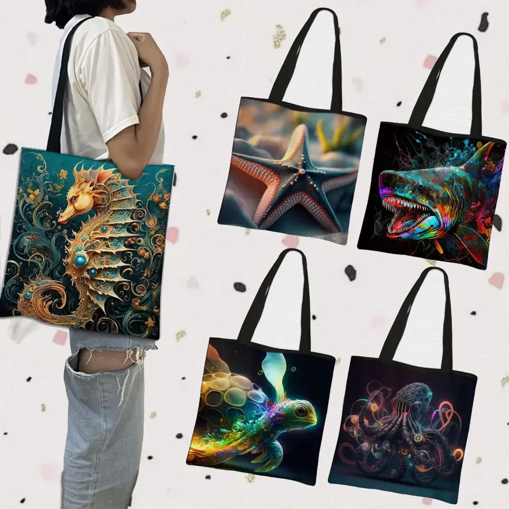 

AI Colorful Ocean Animal Shopping Bag Fantasy Shark Jellyfish Women Handbag Octopus Starfish Tote Bag Seahorse Shoulder Bag