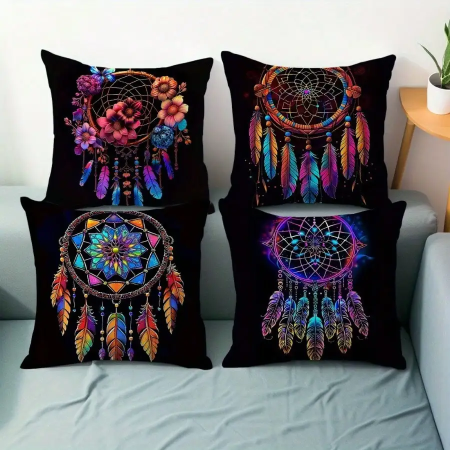 4pcs Colorful Dream Catcher Single-sided printing Short plush Suitable for living rooms bedrooms sofas (excluding pillow cores)