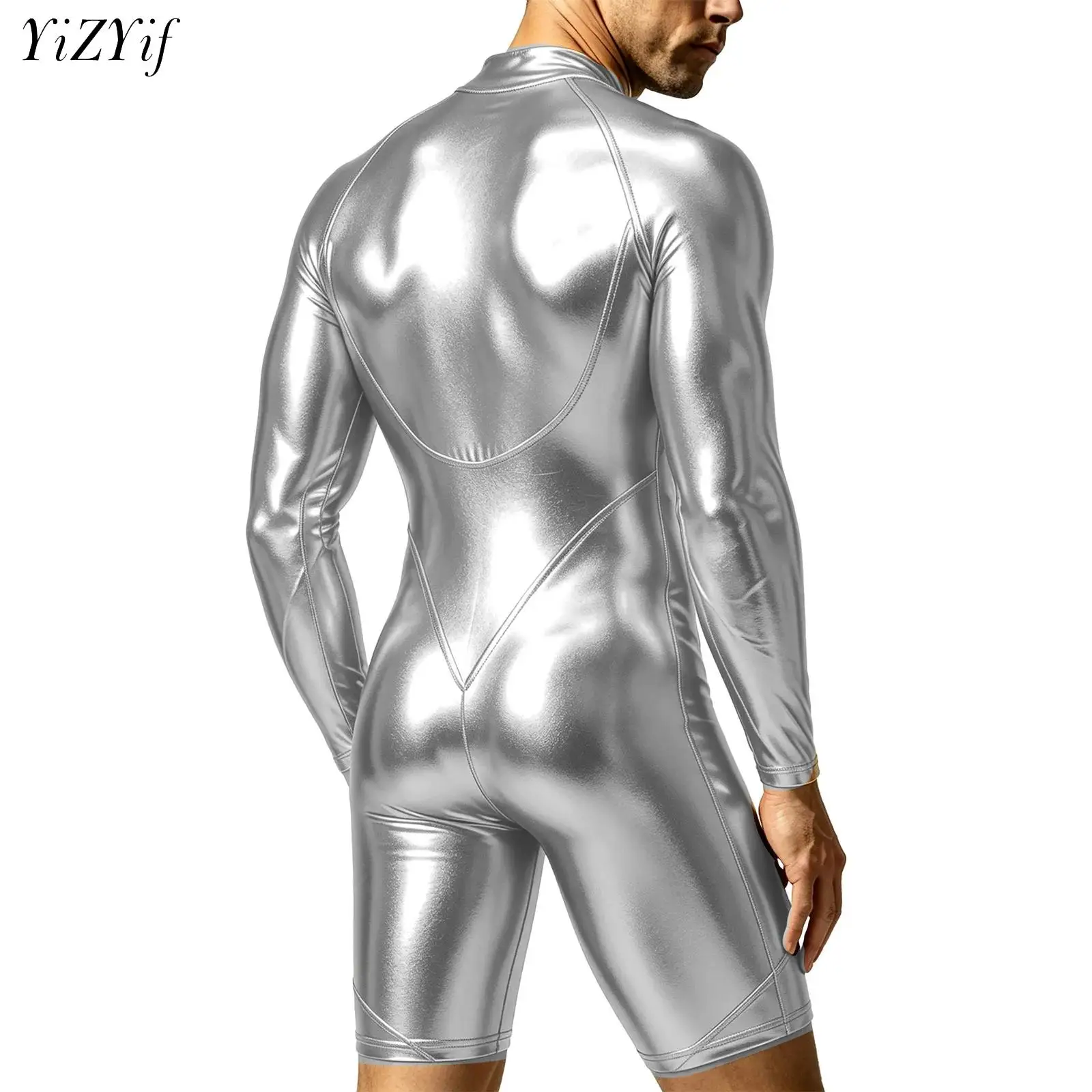 Mens Metallic Shiny Bodysuit Swimwear Glossy Long Sleeve Zipper Short Bottoms Rompers Gymnastics Jumpsuit Disco Party Clubwear