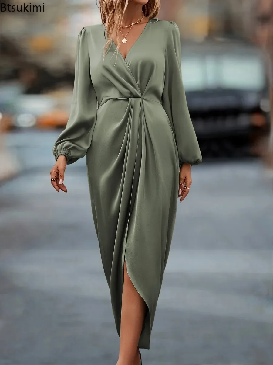 جديد 2025 فستان ماكسي نسائي أنيق موضة فتحة عنق متقاطعة مطوية طيات سبليت فستان ستان كم طويل فساتين سهرة غير منتظمة #6