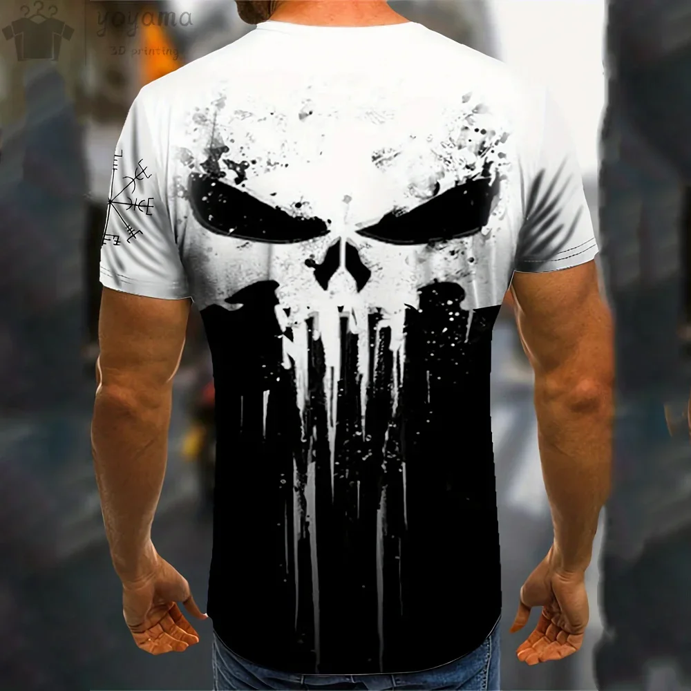 T-shirt imprimé tête de mort militaire 3D pour hommes, chemise d'été décontractée, de sport, confortable, respirante, à manches courtes, 2024