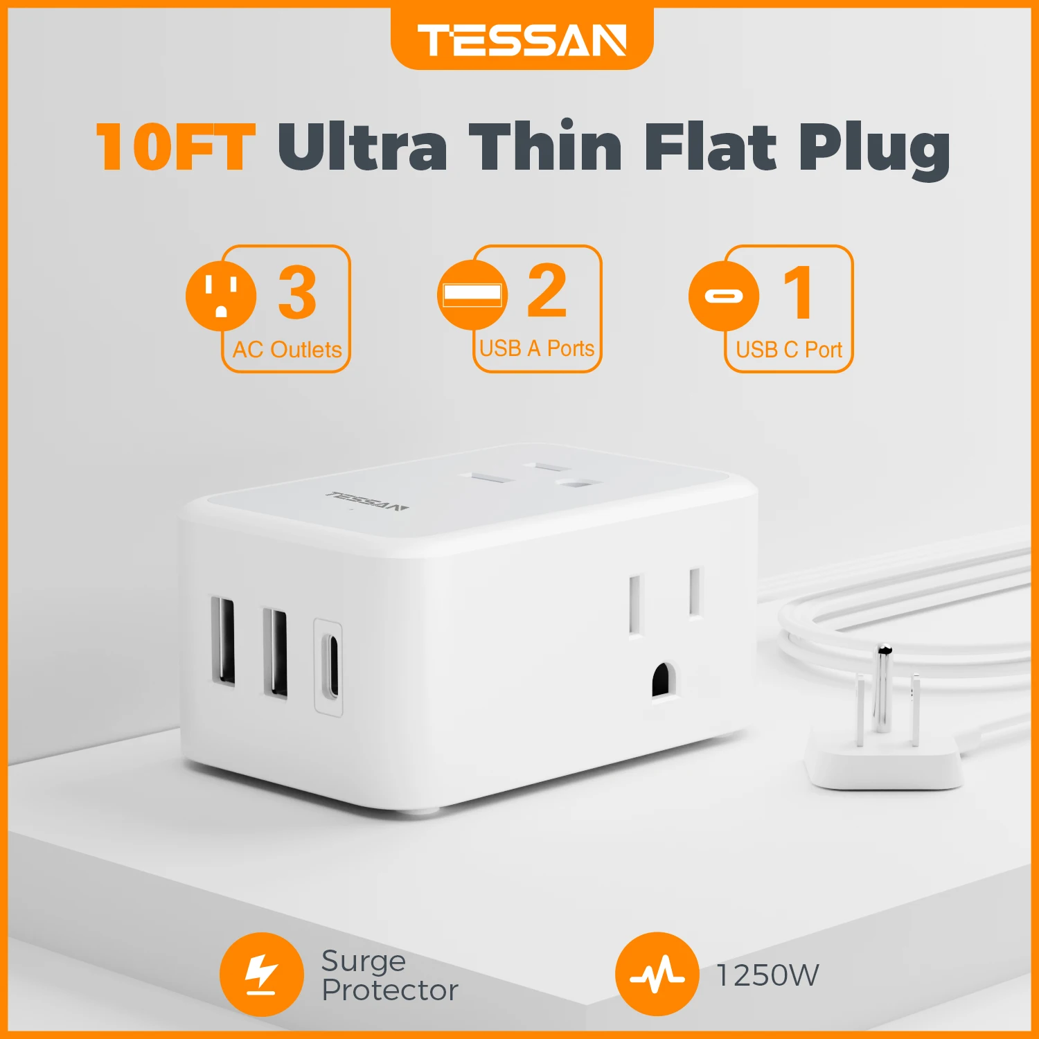 TESSAN Small Flat Plug Power Strip with 3 AC Outlets & 3 USB (1 USB C), 5ft/10ft Ultra Thin Flat Extension Cord for Travel Home