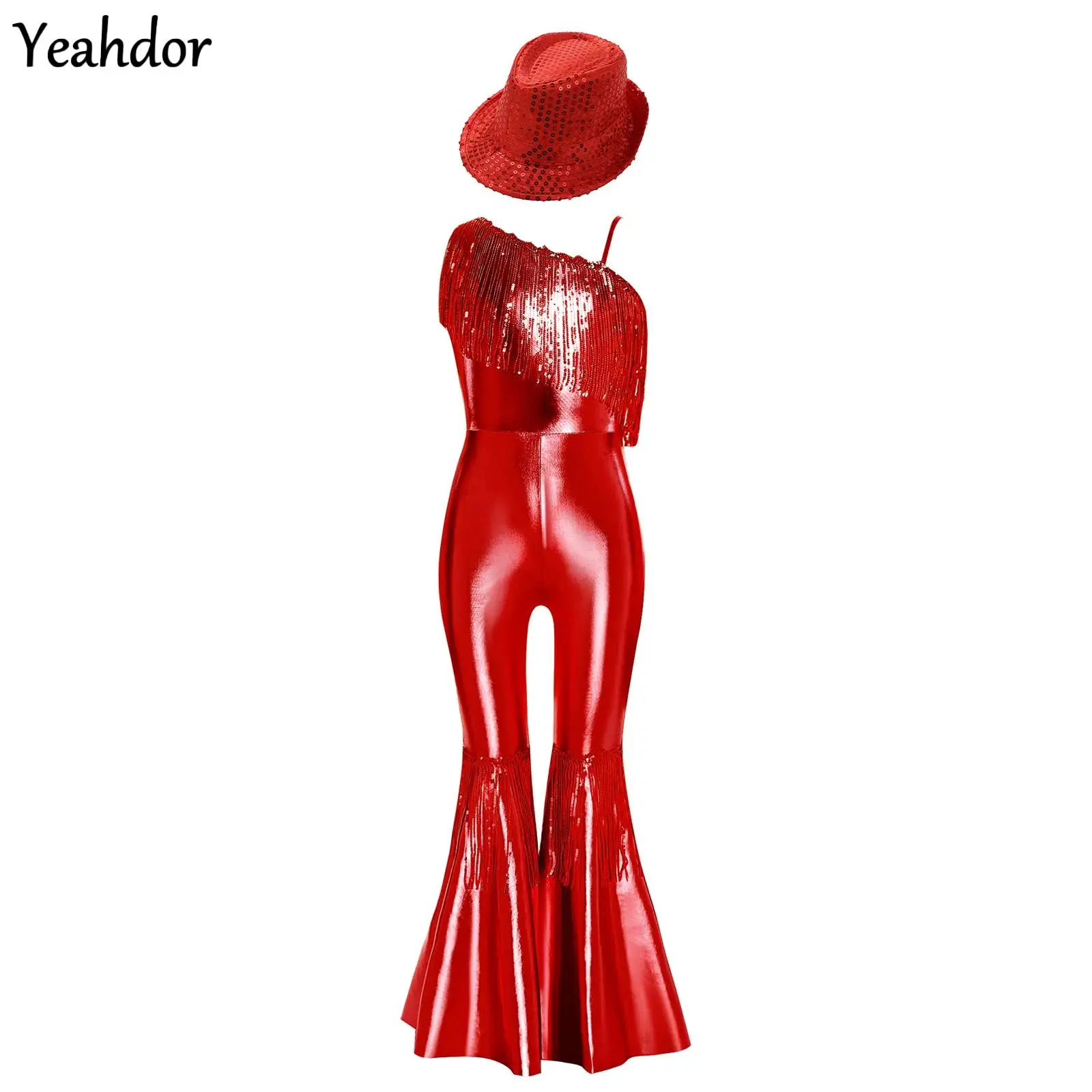 

Halloween Hippie Bell Bottom Costume Girls 70S Disco Jumpsuit Metallic Shiny One Sleeve Sequin Tassels Flare Jazz Dance Bodysuit