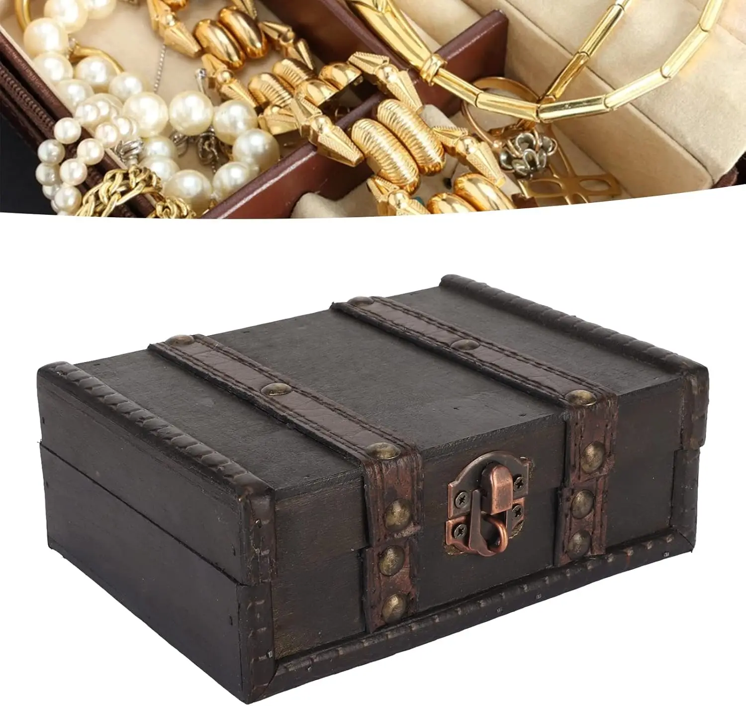 

Vintage Wooden Chest with Lock Small Decorative Jewelry Storage Box
