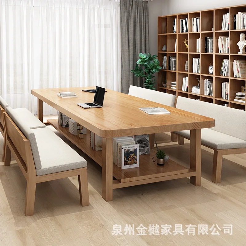 New Chinese-style Solid Wood Desk Double-layer Study Computer Table Conference Table Company Staff Office Table Chair Solid Wood