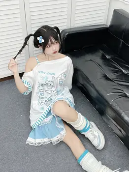 哥德風女裝 Y2k 原宿風 T 卹 日系女裝 拼接可愛甜美卡通印花條紋 Y2K 上衣 10 最佳銷售 暗黑可愛風服裝 - №9