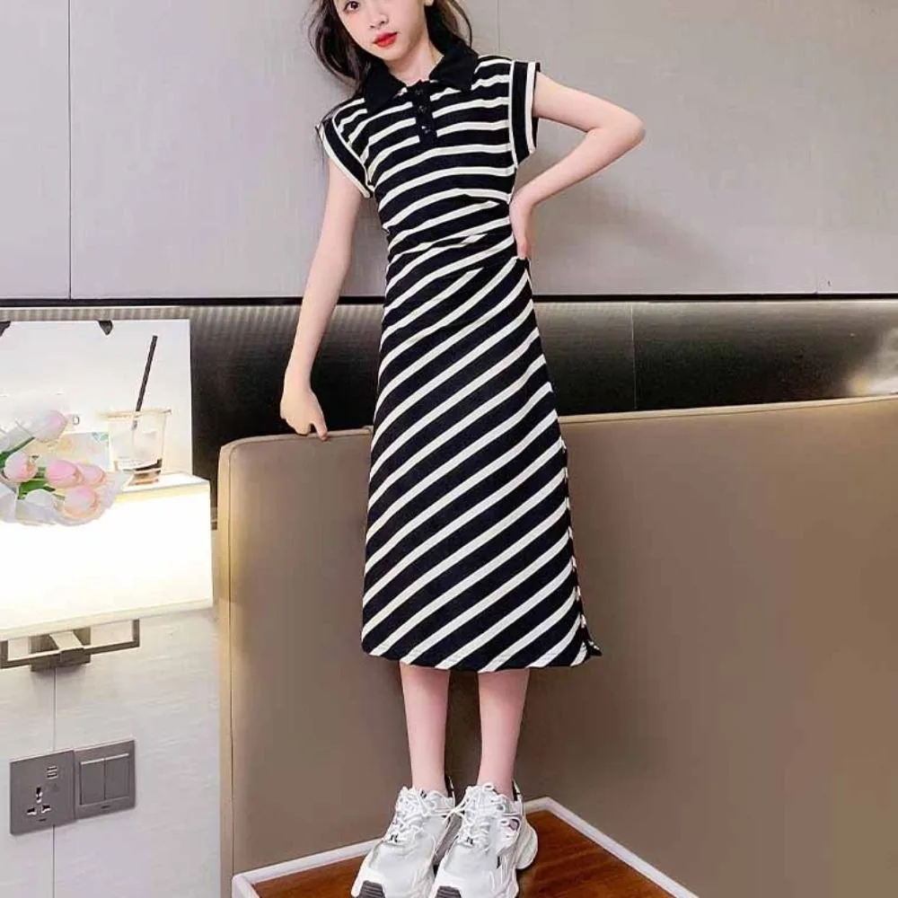 Fashion Princess Children Stripe Long Dress Short Sleeve Teenagers Summer Dresses Party Skirt Girls Stripe Dress Holiday