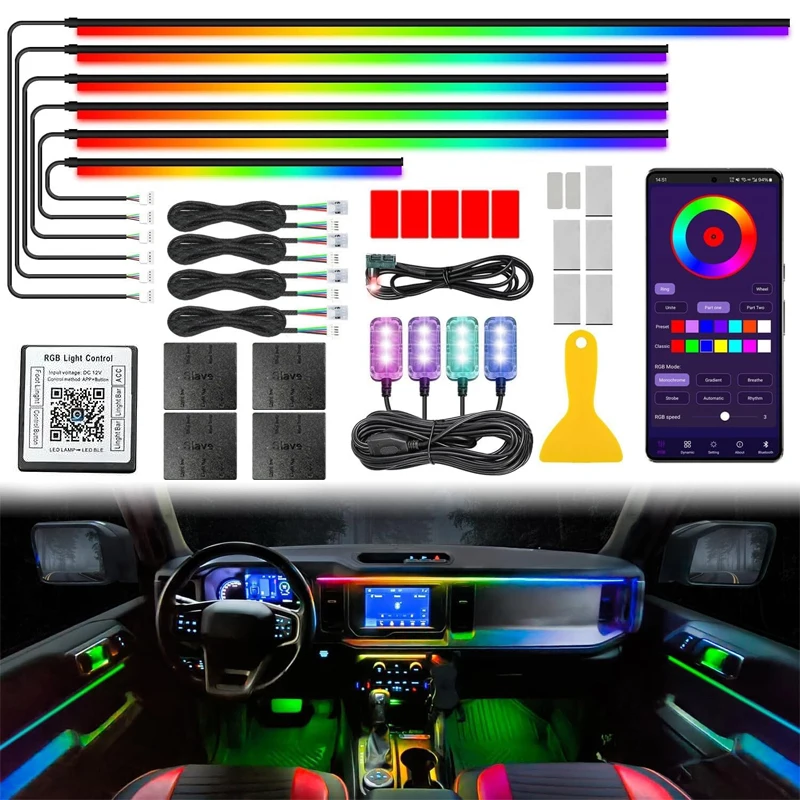 

Двухзонное автомобильное окружающее освещение 18 в 1 Symphony RGB 64 цвета Светодиодная внутренняя скрытая акриловая полоса Атмосферная лампа с управлением через приложение 12 В