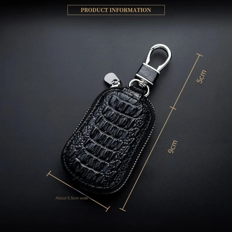 Genuine Leather Crocodile Pattern Zipper Cover Cowhide Car Key Wallet Case Mini Waist Trailer Key Bag Unisex with Metal Buckle