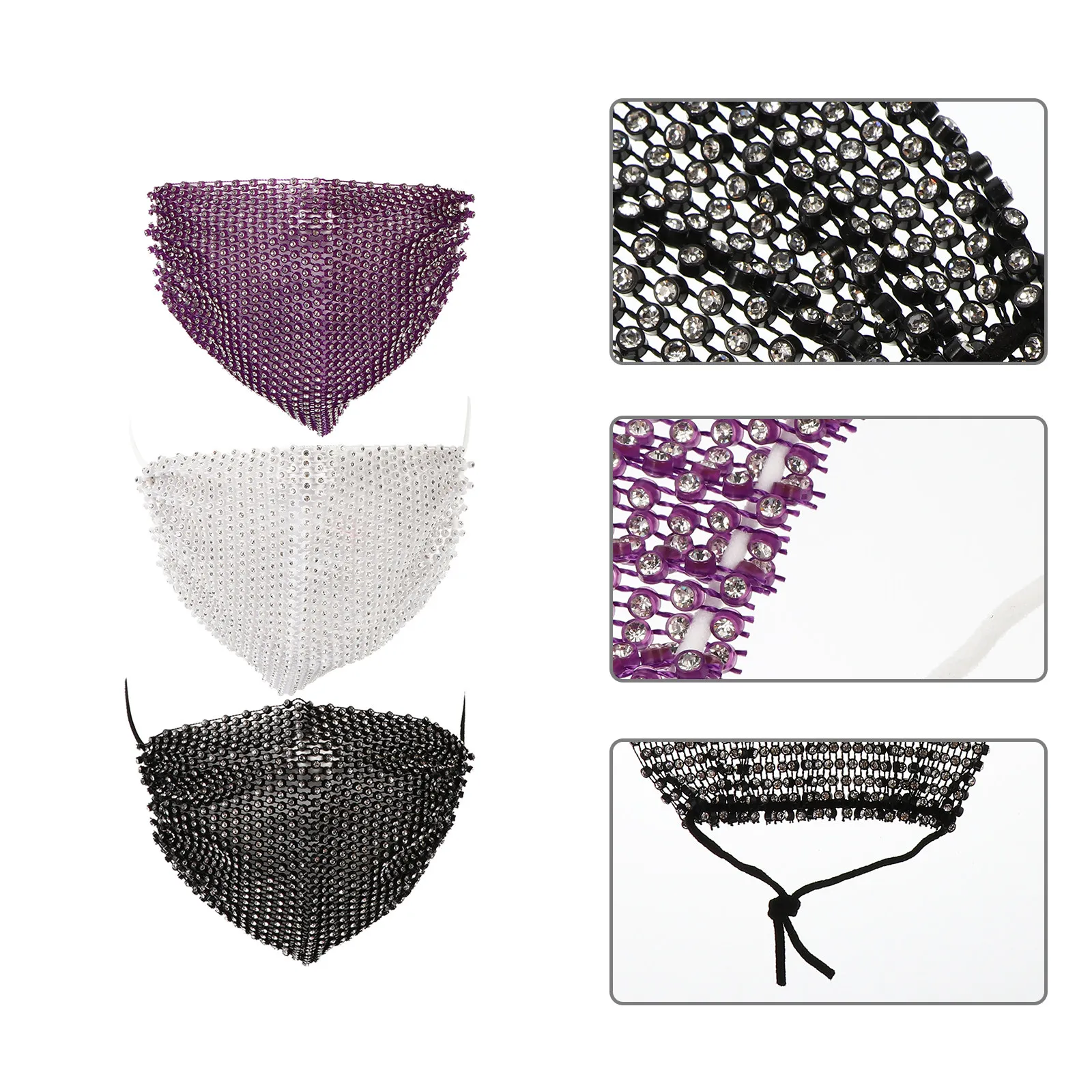 3Pcs Stylish Fishnet Pattern Mask with Selected Rhinestones Elastic Comfortable Wear for Dancing Party Festival Costume