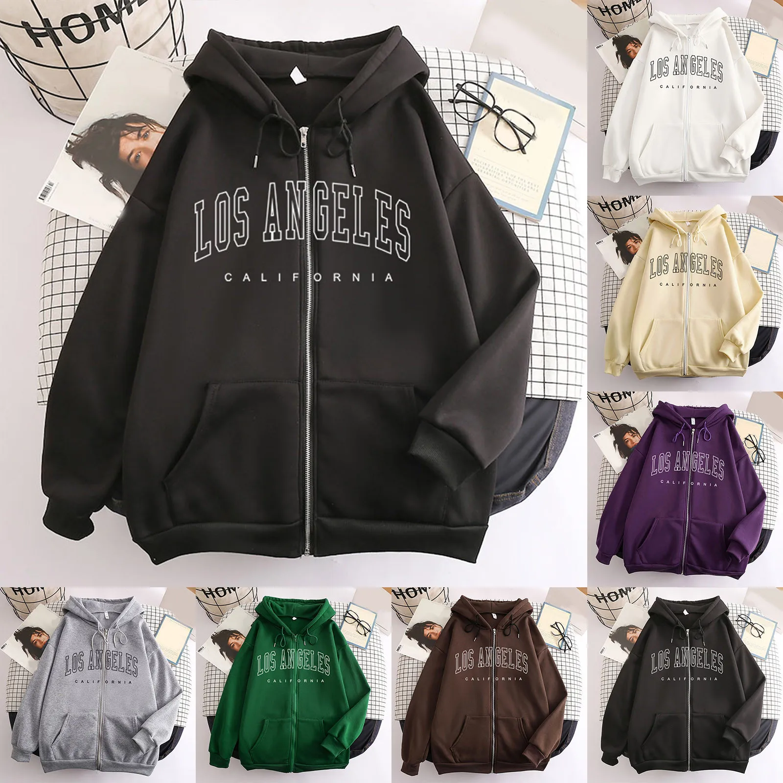 Los Angeles Letter Print Zip up Harajuku Hoodies Jacket Women Casual Oversized Sweatshirt Female Streetwear Pockets Hooded Coats