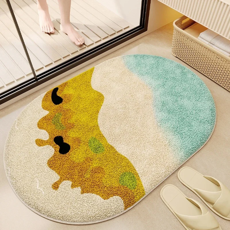 Cheese Cartoon Faux Cashmere Bathroom Mat, Oval Shape Non Slip Water Absorbent Rug, Soft Decor Mat For Toilet Entryway