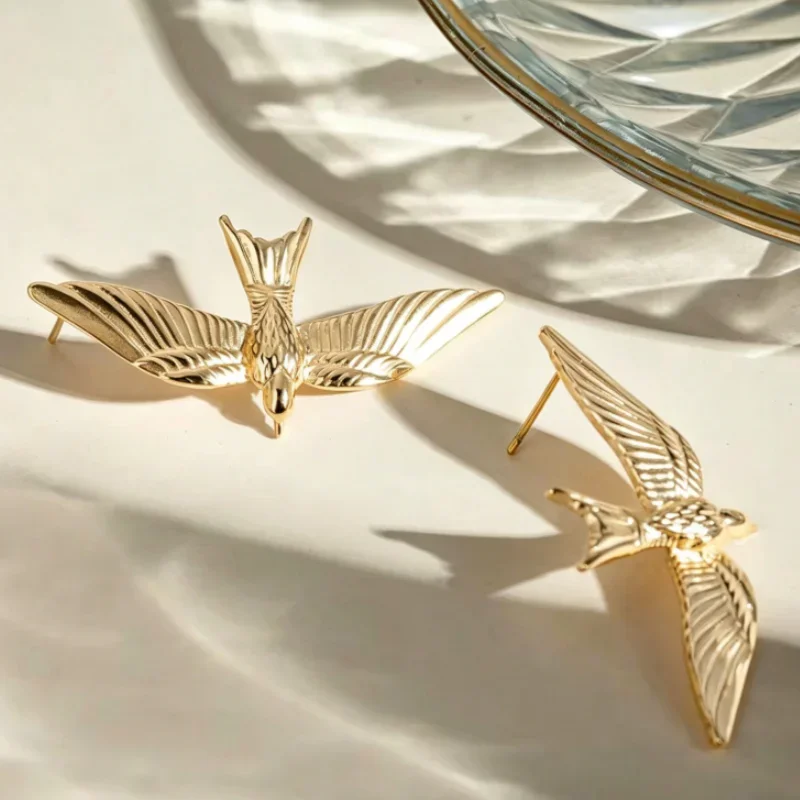 Fashion Peace Dove Wing Stud Earrings for Women Bird Ear Pendant Charm Texture Rust Statement Jewelry Party view 6