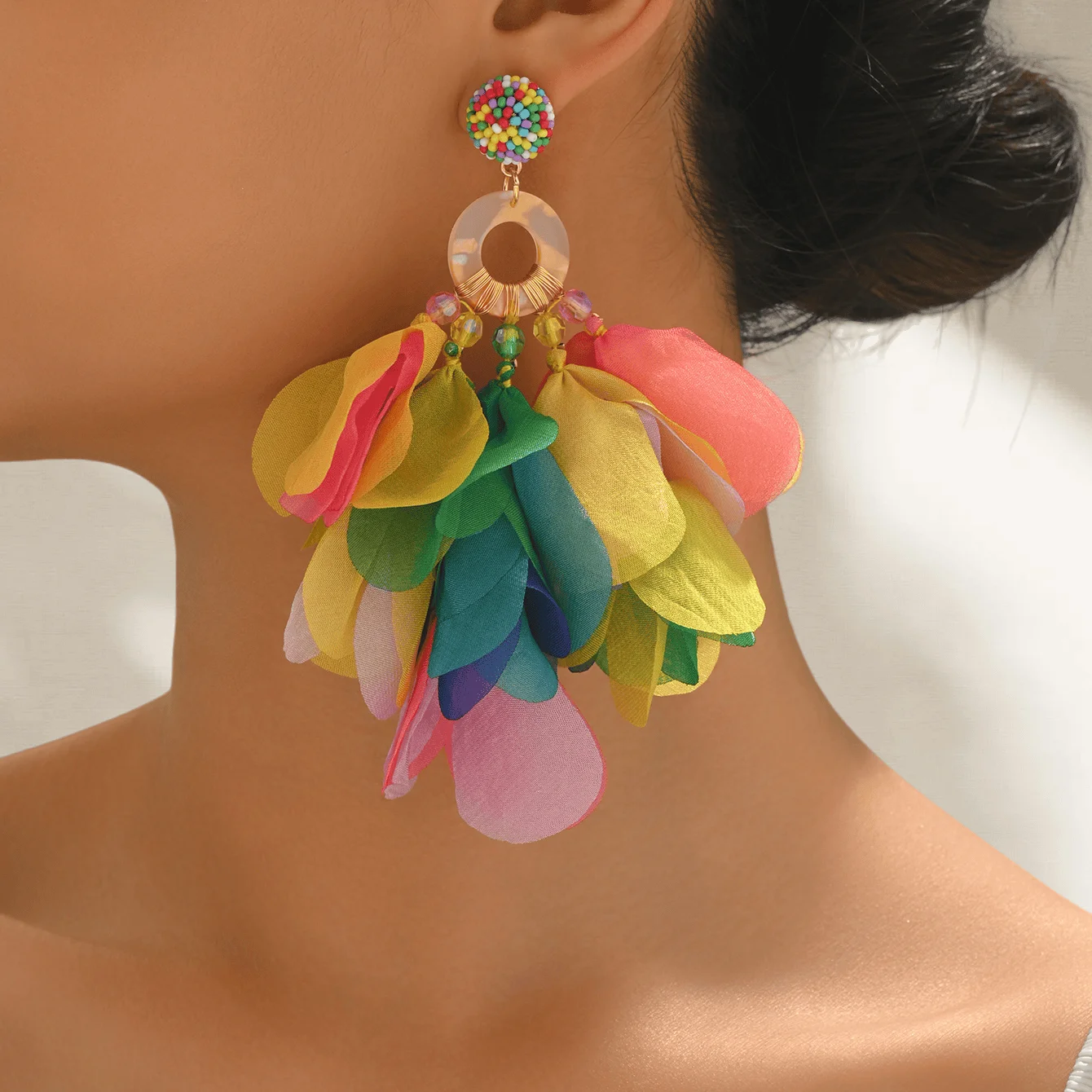 Bohemian Handmade Fabric Colorful Flower Tassel Earrings for Women Tropical Beach Vacation Party Prom Jewelry Accessories