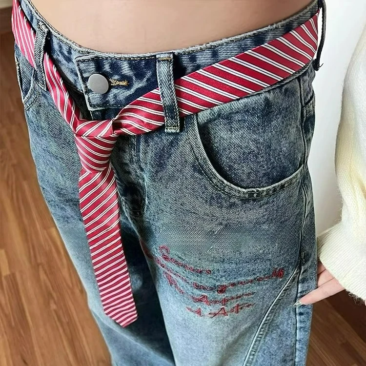 RED Striped Long Plaid Waist Belt with Jeans Necktie Scarf Tie Decorative Personality Trendy Hairband Fashionable Belts