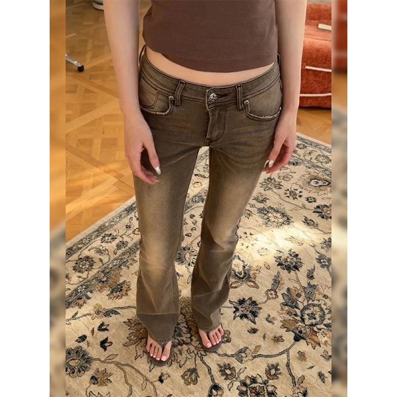 

Женские винтажные расклешенные джинсы с низкой посадкой, джинсы цвета хаки, американские джинсовые брюки в стиле ретро Y2k 2000-х годов, узкие брюки в стиле Харадзюку