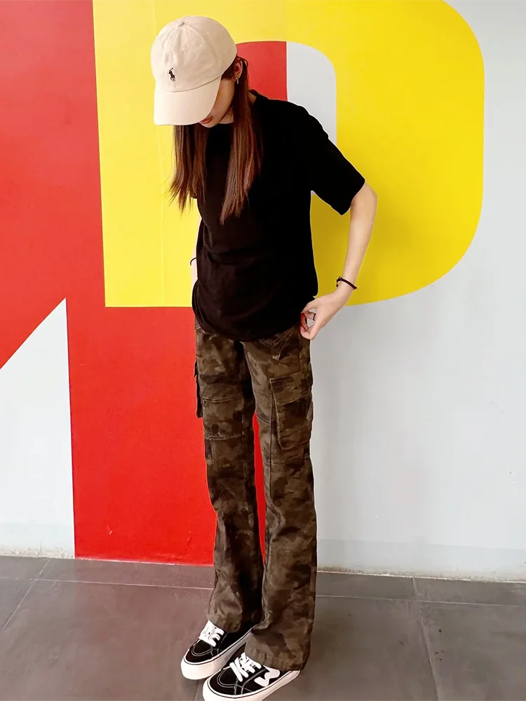 

Камуфляжные расклешенные джинсы женские в американском стиле, многокарманные рабочие брюки, маленький размер, с высокой талией, прямые, облегающие