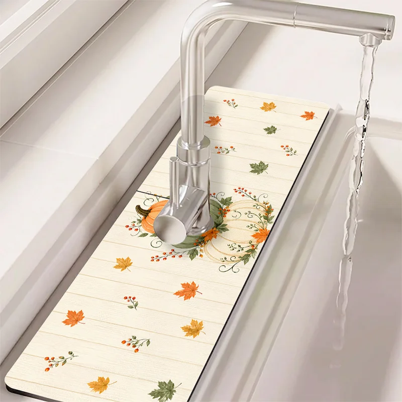 VIKAMA Halloween Cute Pumpkin Printed Faucet Mat Holiday Atmosphere Mat Kitchen Absorbent Non Slip Mat Home Decoration