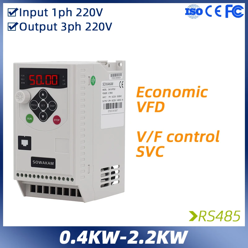 

220VAC Variable Frequency Drive 0.75/1.5/2.2KW VFD input 1PH 220V Motor Speed Controller 3Phase 220V motor frequency inverter