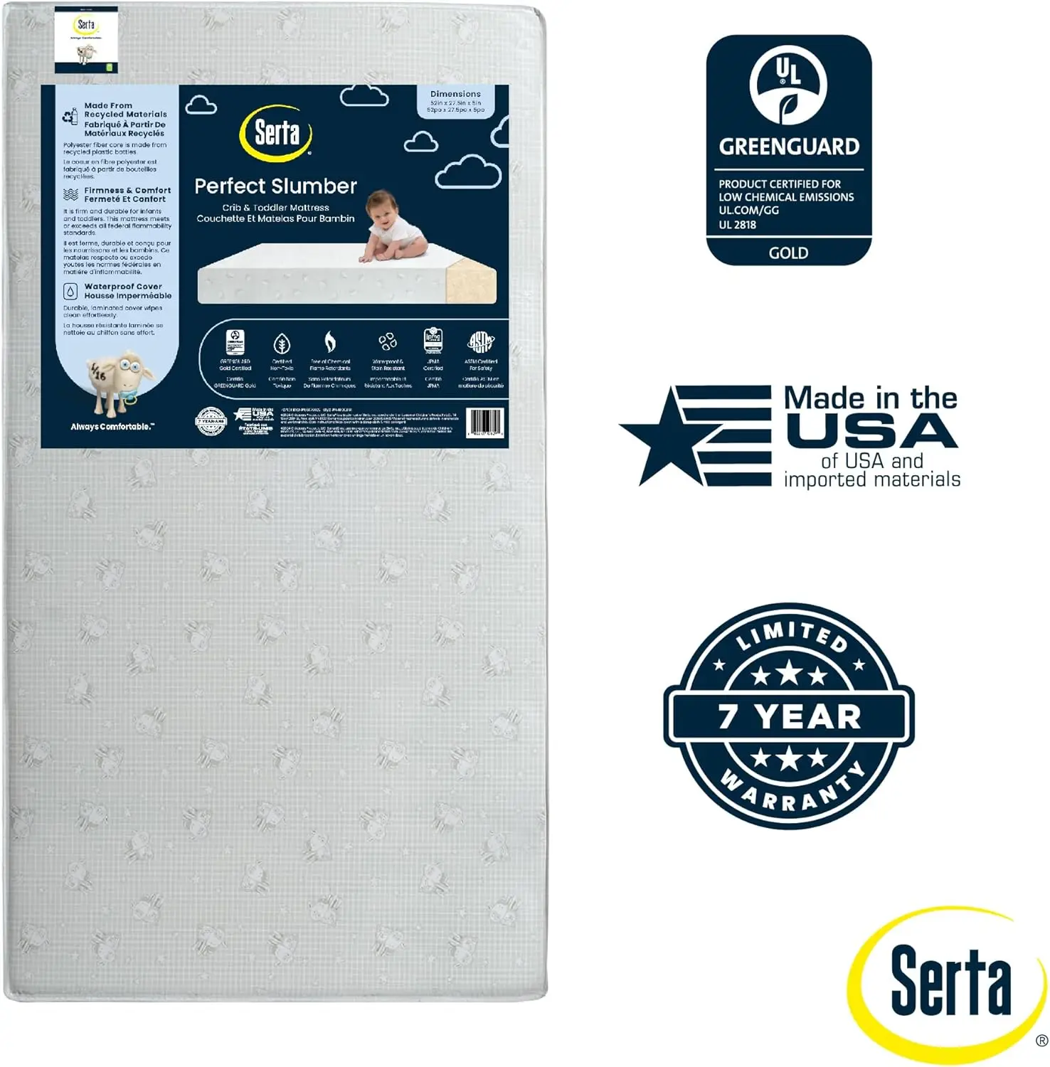 مرتبة Serta Perfect Slumber مزدوجة الجوانب للأطفال الصغار - مقاومة للماء - لا تسبب الحساسية - ممتازة بشكل مستدام