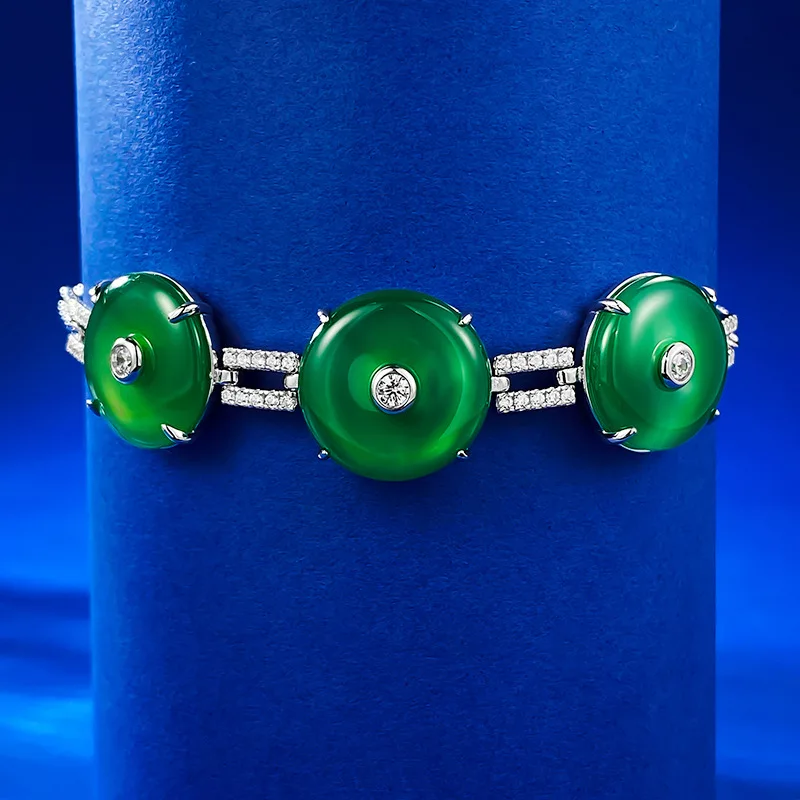 S925 Silver Inlaid Natural High Ice Green Jade Chalcedony Bracelet for Women's New Chinese Safe Button Bracelet Live Broadcast