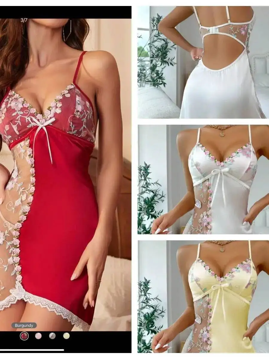 Satynowa koszula nocna z kwiatowym haftem, przezroczystym panelem z siateczki, wiązana z przodu, z koronkowym wykończeniem i wzorem motyli dla kobiet, elegancka N8WP