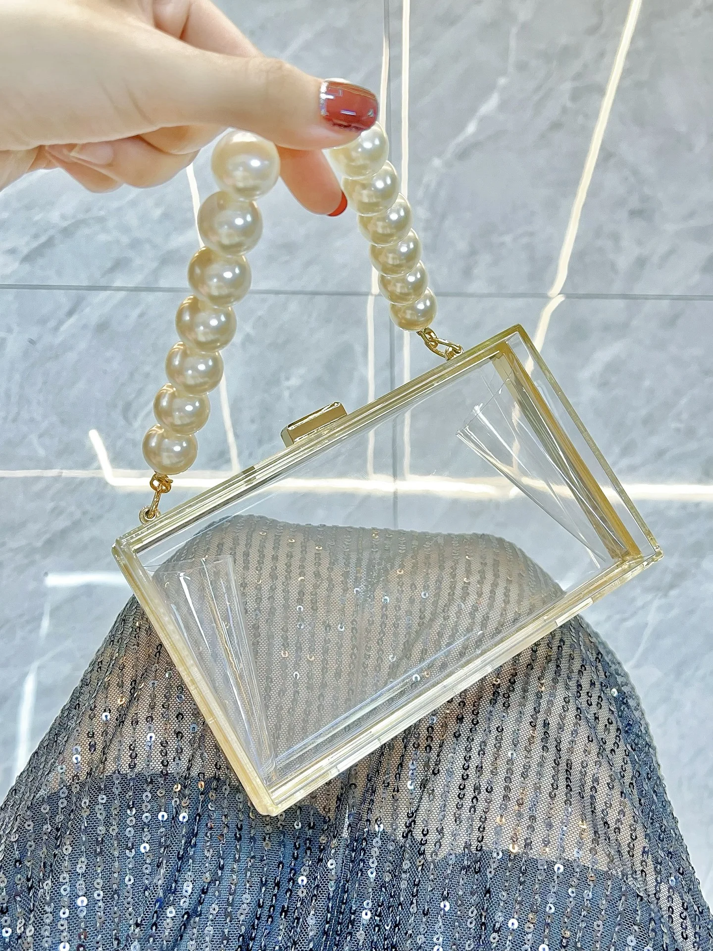 Pearl Acrylic Fashion Handbag Transparent Women Wedding Party Bags Designer Clutch Purse Handle Prom Girls Bag Elegant Dress Bag