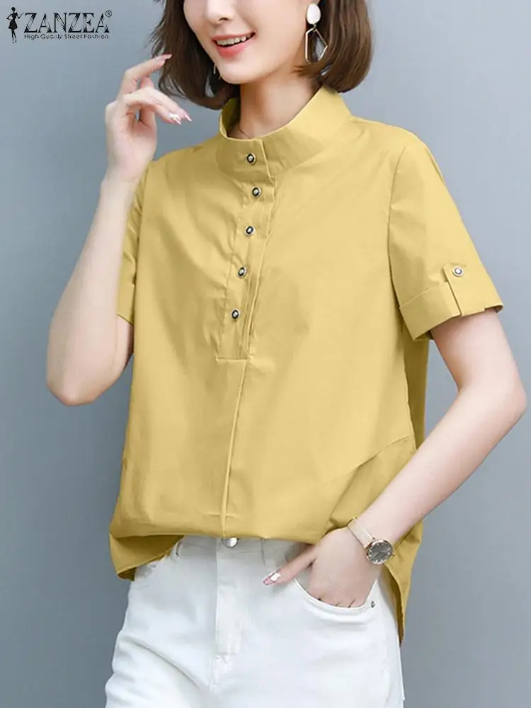 

ZANZEA Casual Stand Collar Shirts Commute Elegant 2024 Summer Women Blusas Button Up Solid Color Vintage Short Sleeve Blouses