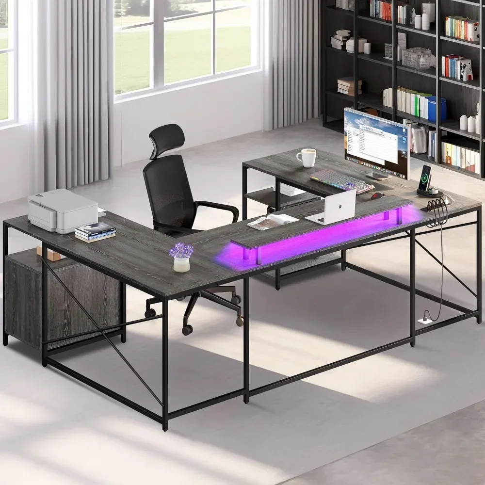 U-shaped table, computer desk with power socket and LED lights, double-sided L-shaped table with drawers with monitor stand