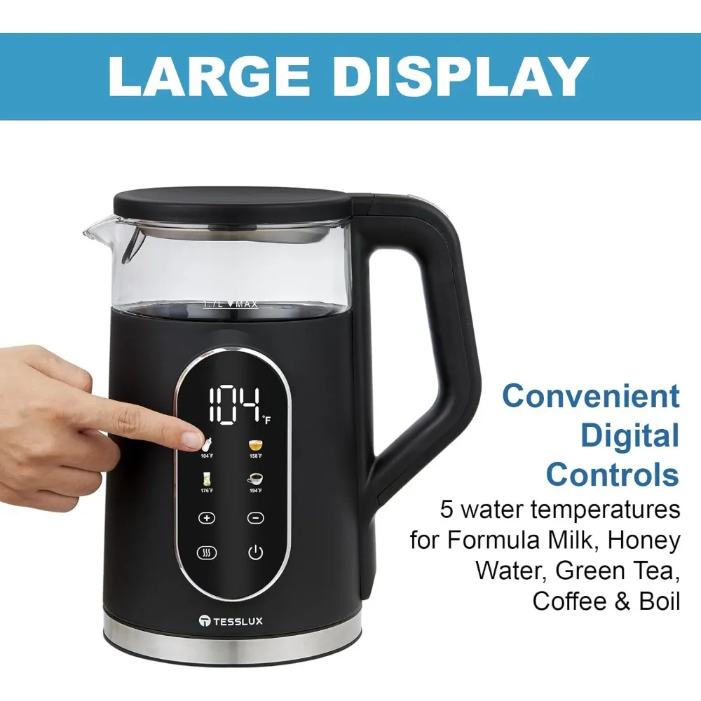 Chaleira elétrica, chaleira de água de vidro de ebulição rápida de 1500 W com controle de temperatura, base de aço inoxidável sem fio de 1,7 L, manter aquecido