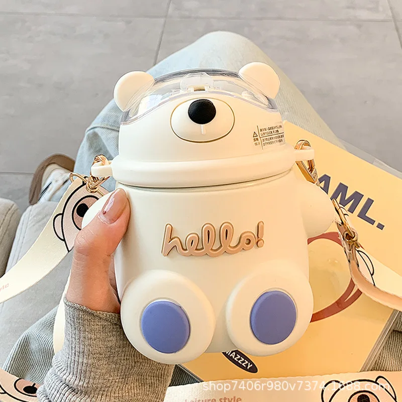 

Cute Bear Vacuum Cup for Girls Good-looking with Straw Big Belly Drinking Cup Large Capacity Portable Student Cross-Body Cup