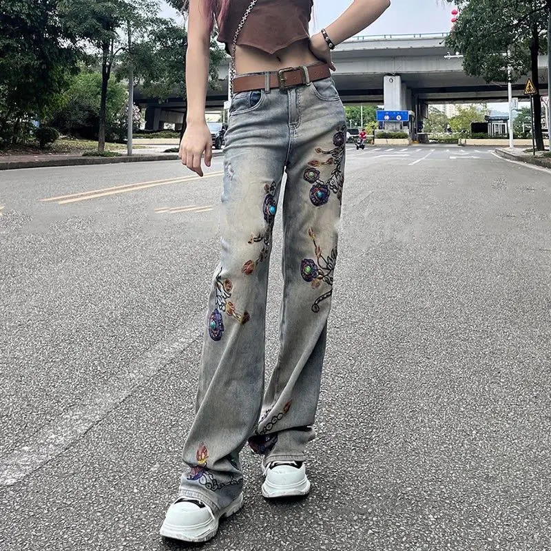 Women's Fashion Streetwear Jeans Summer New European Heavy Industry Retro Straight Pants Embroidery Beading Loose Old Trousers