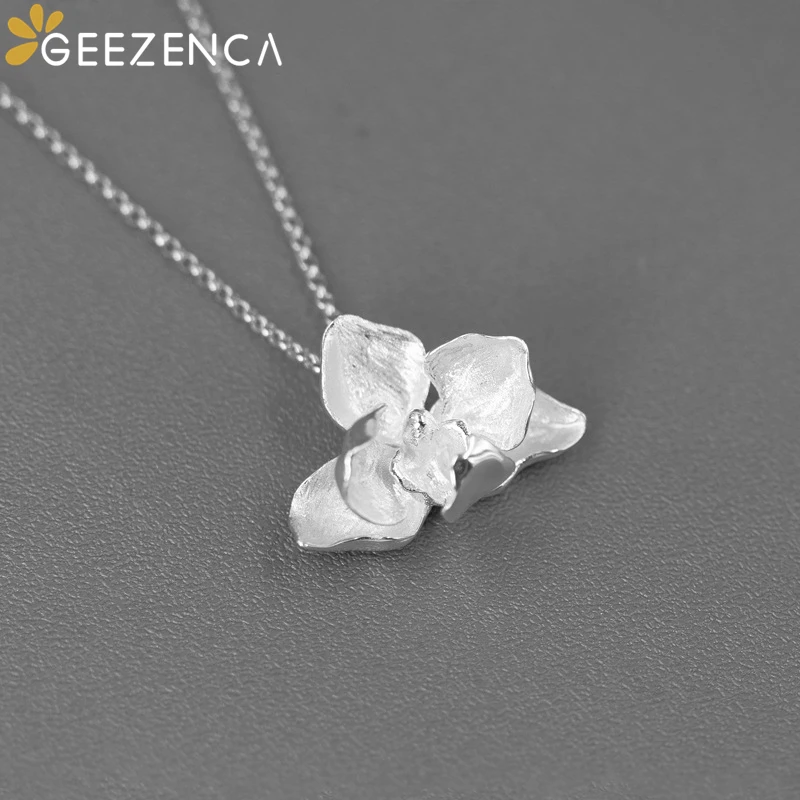 GEEZENCA 925 Sterling Silver Phalaenopsis Flower Pendant For Women 3D Plant Elegant Chic Necklace Pendants Without Chain Gift