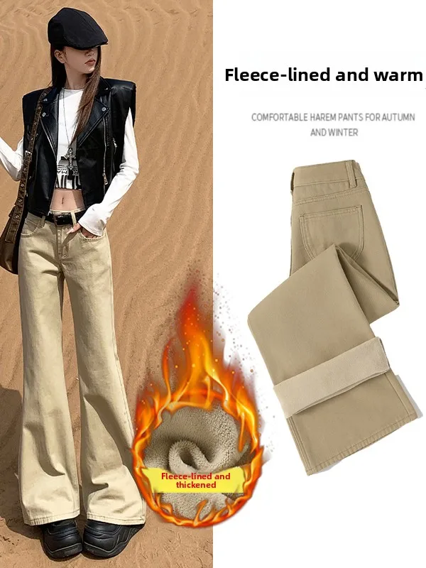 

Low Waist Thiened Fce Lined Warm Denim Long Pants Bell Bot Pure Color American Sle Faionable Women's Jeans