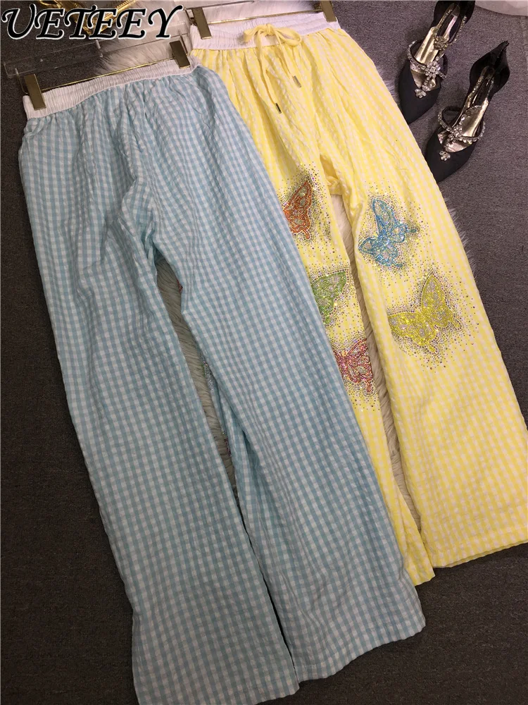 

Hot Diamond Sparkling Trousers Women's Chic Butterfly Straight Pants Elastic Waist Cotton Wide Leg Summer Thin Plaid Pantalones