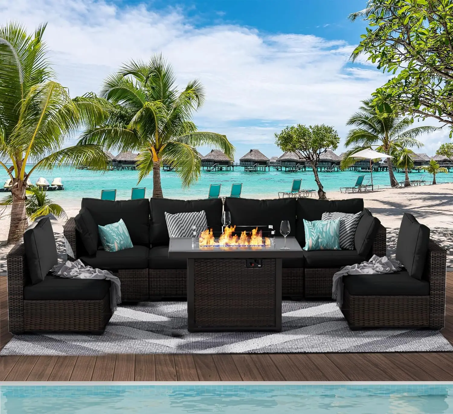 

7 Piece Patio Furniture Set with Fire Pit Table, All Weather Outdoor Sectional PE Rattan, Patio Conversation Sets with Cushions