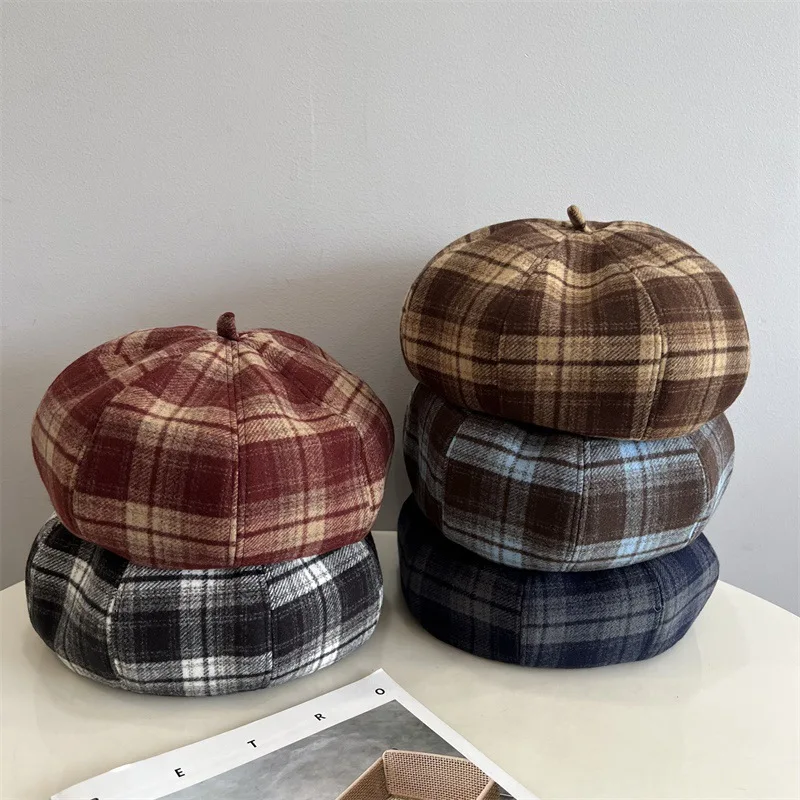 

Осенне-зимний шерстяной клетчатый берет в стиле ретро, уличная универсальная шляпа художника в стиле хип-хоп для мужчин и женщин