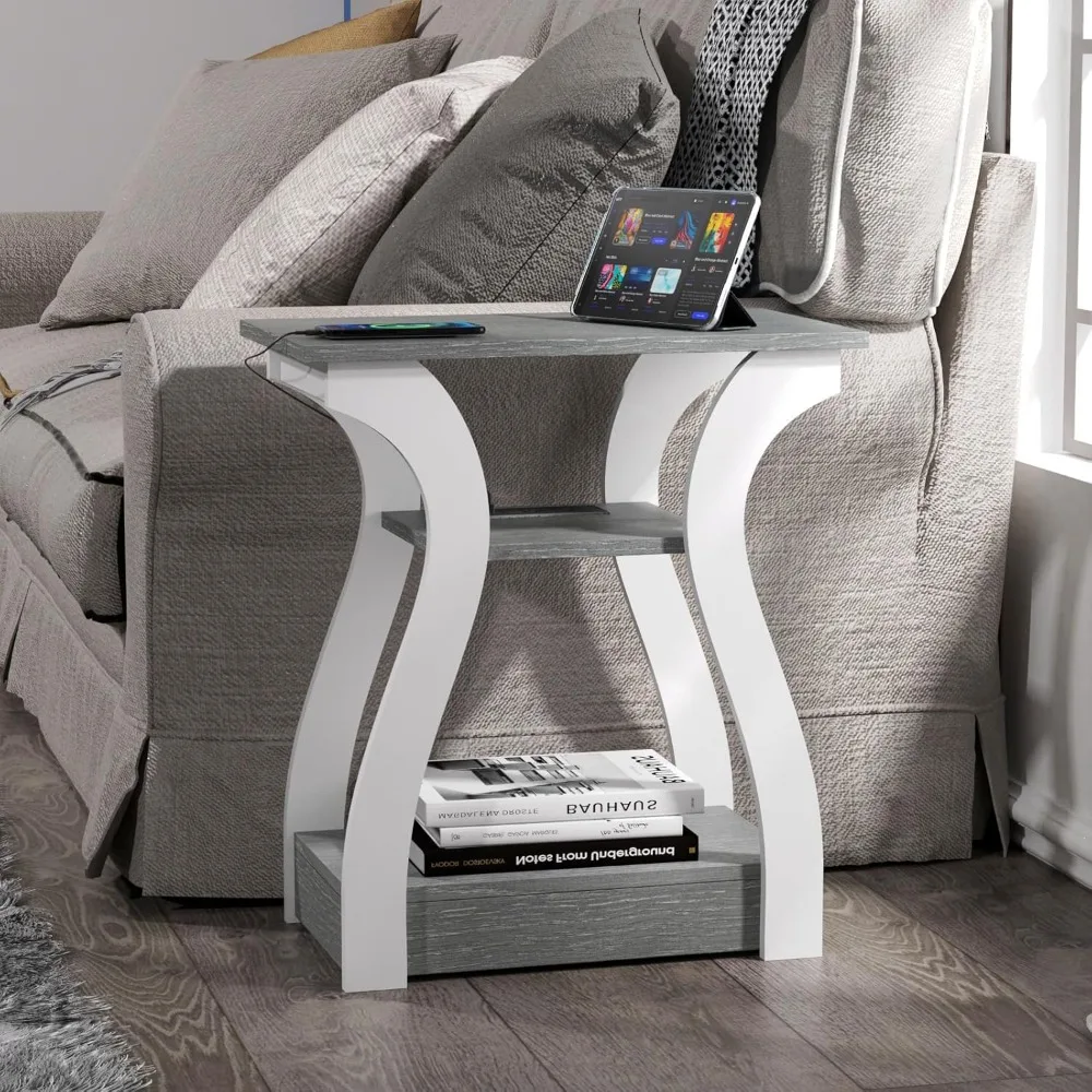 End Tables Living Room Set of 2,Grey End Table with Charging Station,Grey Side Table, Nightstand for Bedroom, 3 Tier End Table